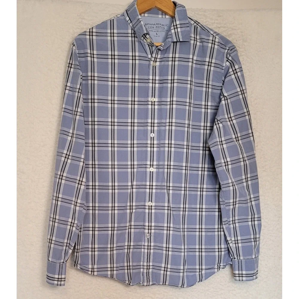 Banana Republic Luxe Poplin Men's Shirt Size L (46-48) Slim Fit Plaid Blue 1276‎